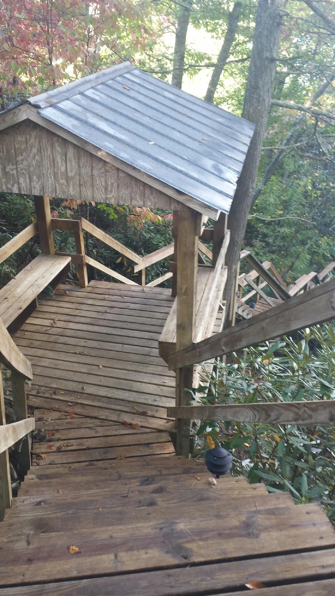 Metal roofed shelter over wooden steps on a wooded walkway — Skylight Repair & Installation work by our crew in Medon